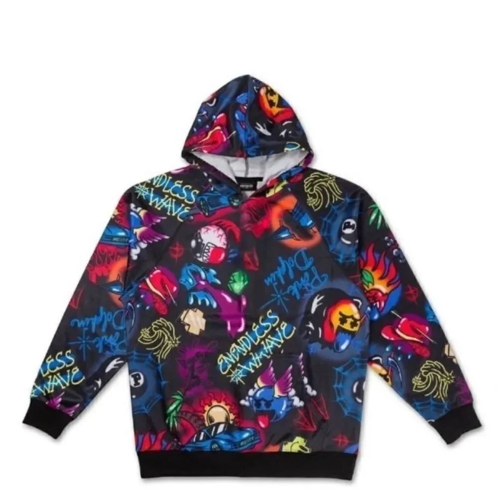 PINK DOLPHIN AIRBRUSH HALLUCINATIONS HOODIE SZ L